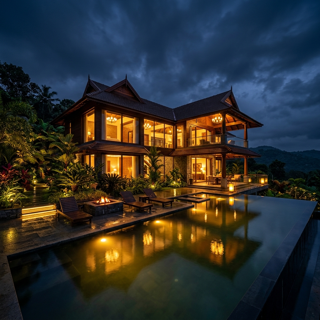 Kerala Traditional Roof Luxury Villa Facade